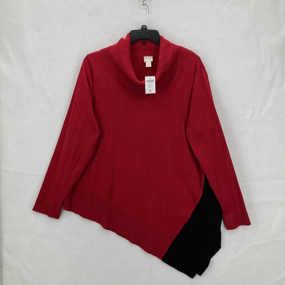 Chicos Sweater Womens 4 Red Black Cowl Neck Giselle Pullover Asymmetrical Hem